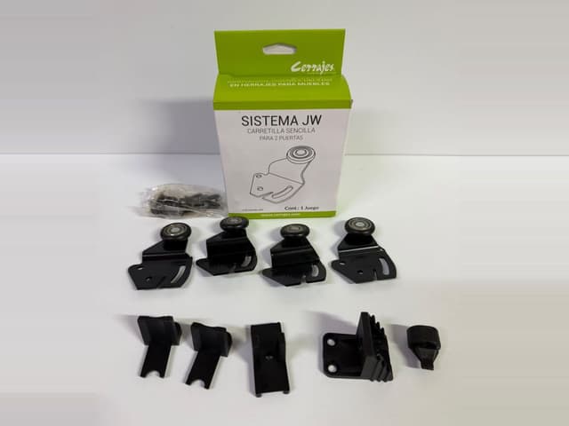 Juego de carretilla sencilla Sistema JW de Cerrajes para closet de dos puertas: cuatro carretillas, guías, tope, tornillería y su caja